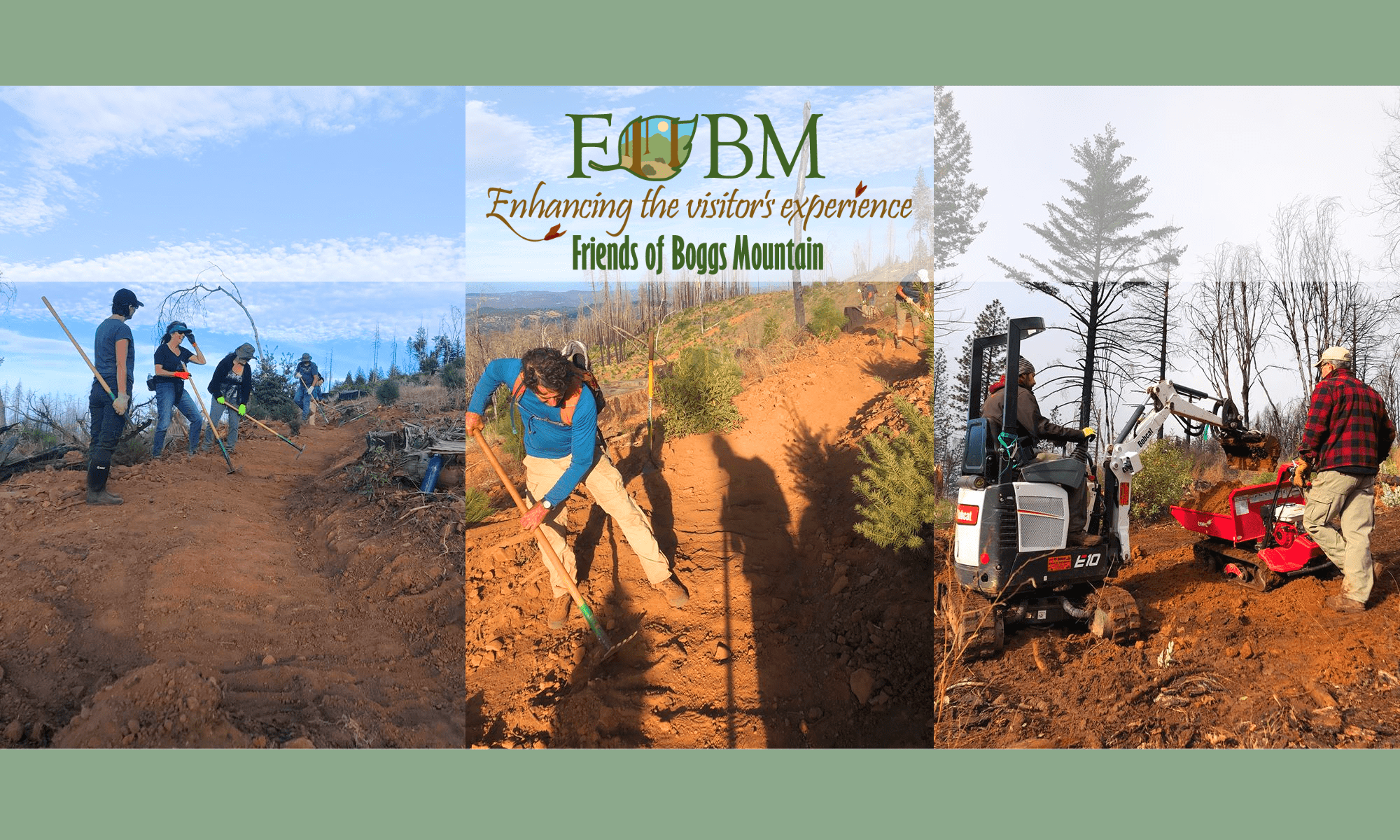 Images of trail builders at Boggs Mountain Demonstration State Forest